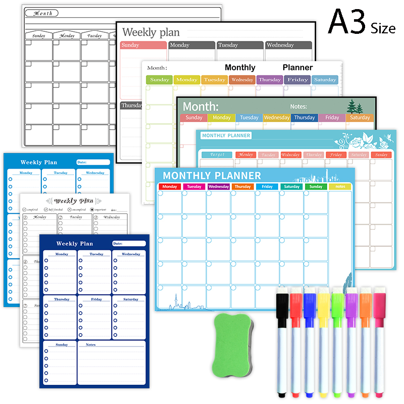 Magnetic Calendar Board - แม่เหล็กรายสัปดาห์รายเดือนปฏิทินตารางแห้งไวท์บอร์ดตู้เย็นสติกเกอร์กระดานข้อความ A3 ขนาด