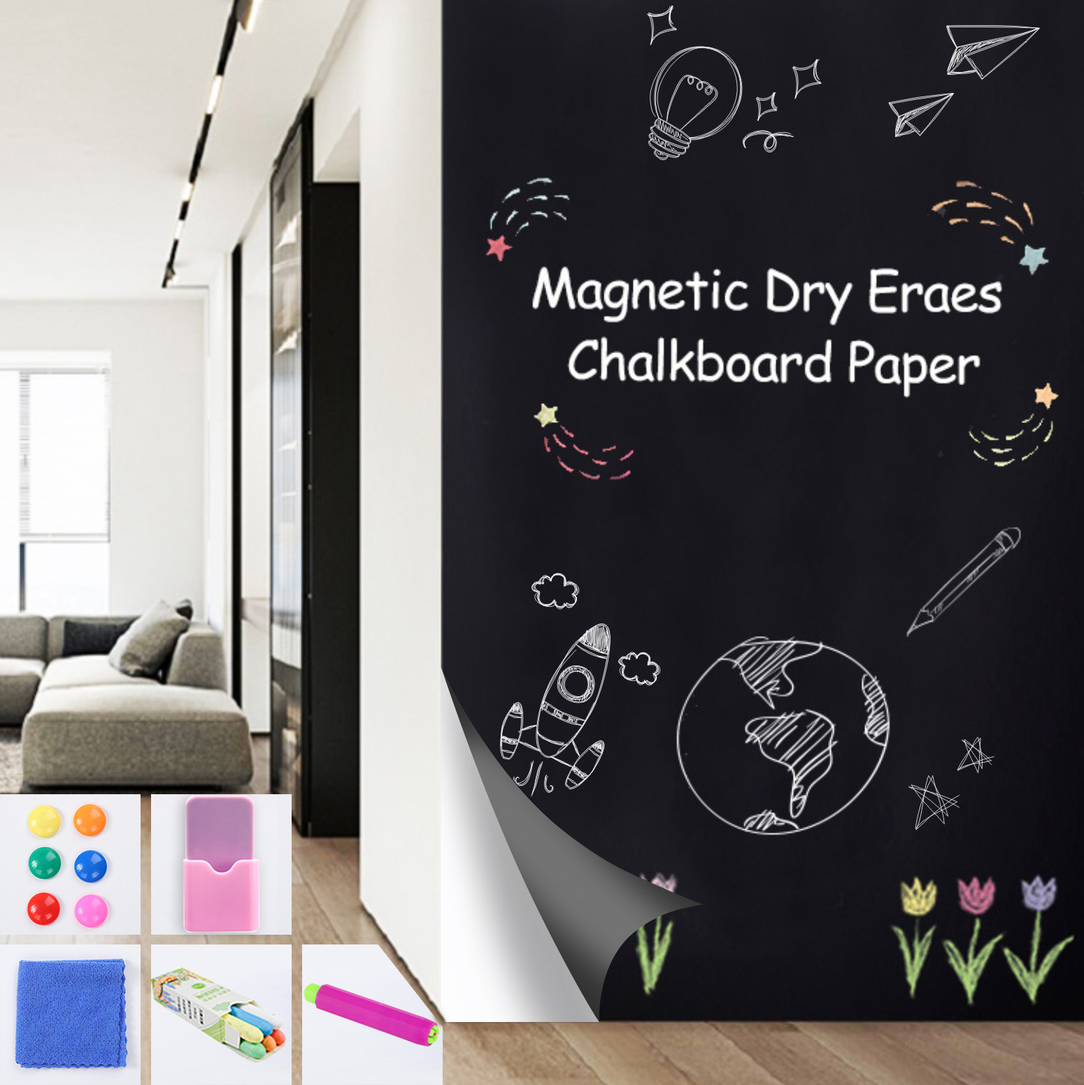 Home Office Contact - Magnetic DRY ERASE Chalkboard กระดาษไวท์บอร์ดกระดาษติดต่อสติ๊กเกอร์ติดผนัง Graffiti