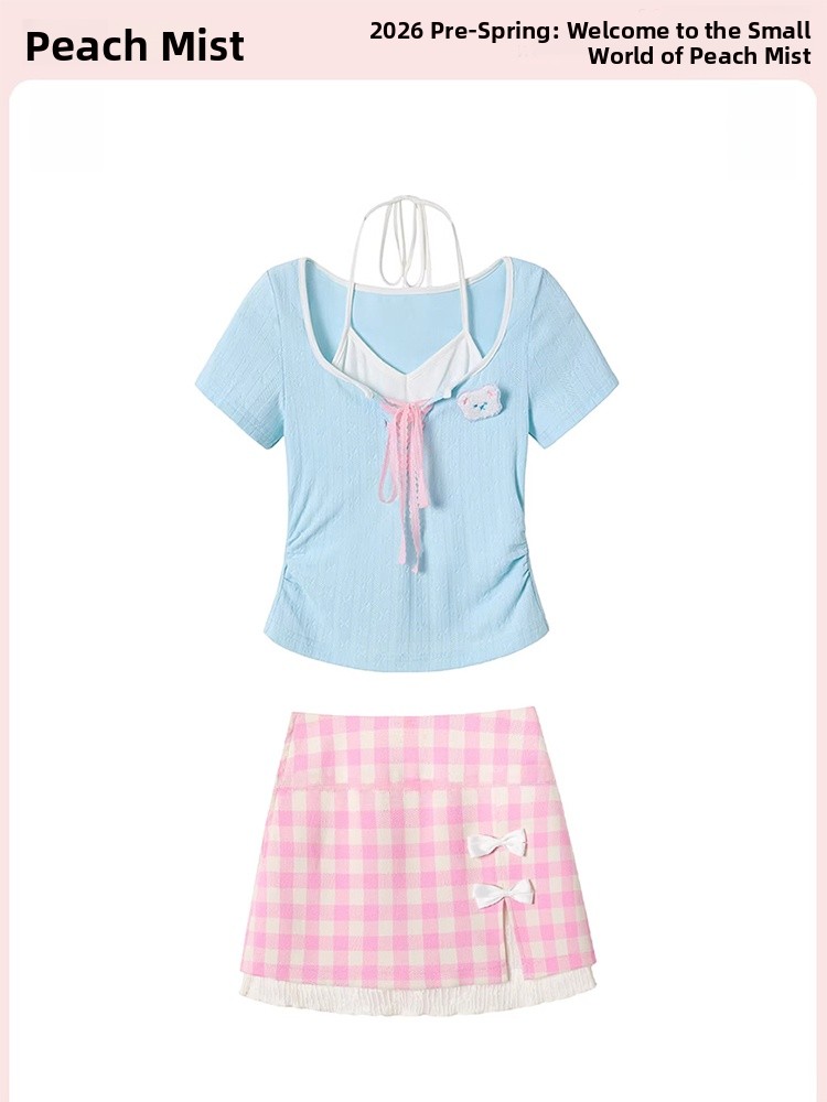 Home Office For Two - เสื้อยืดแขนสั้นฤดูร้อนสำหรับผู้หญิง Sweet Dopamine และชุดกระโปรงคอ halter สองชิ้น