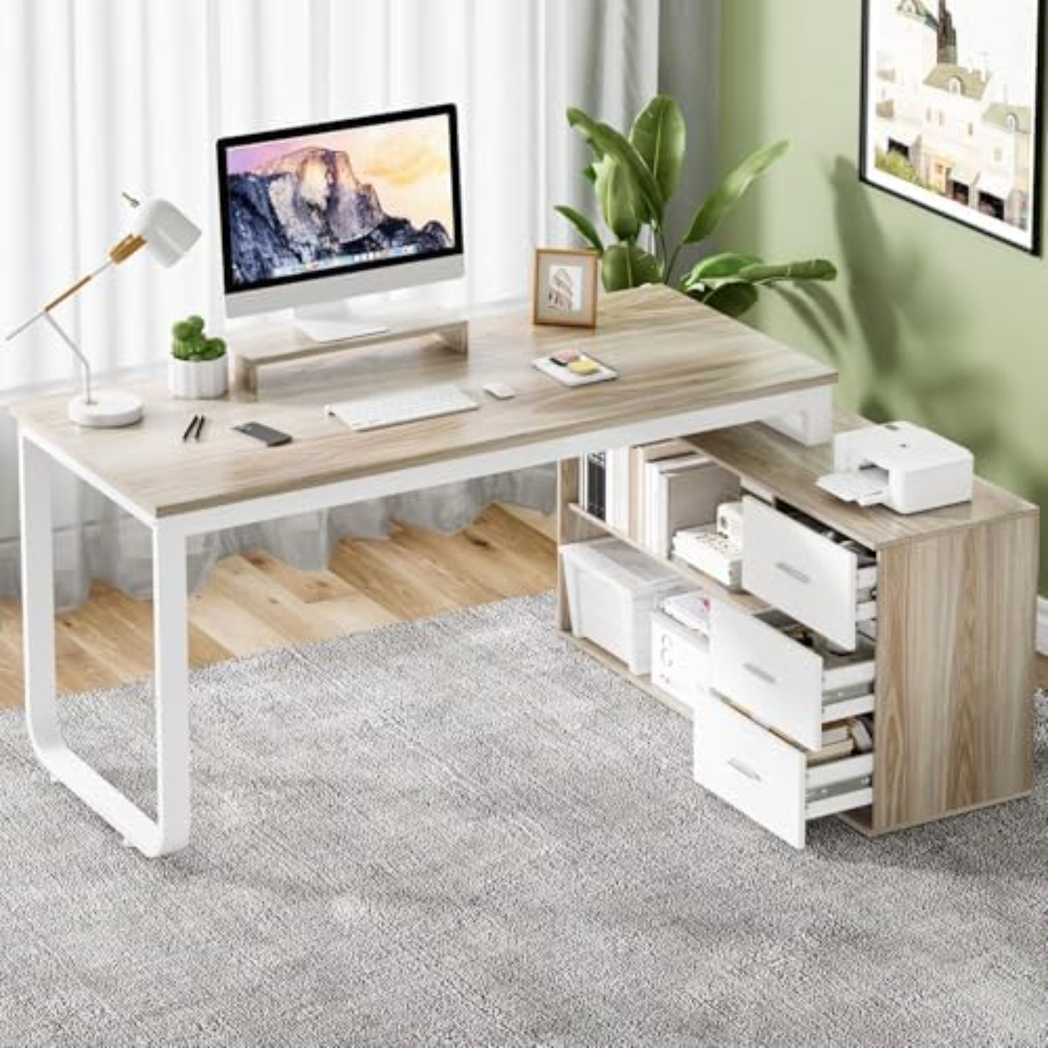 Home Office L Shaped Desk - โต๊ะทำงานรูปตัว L ขนาด 55 นิ้ว พร้อมลิ้นชัก
