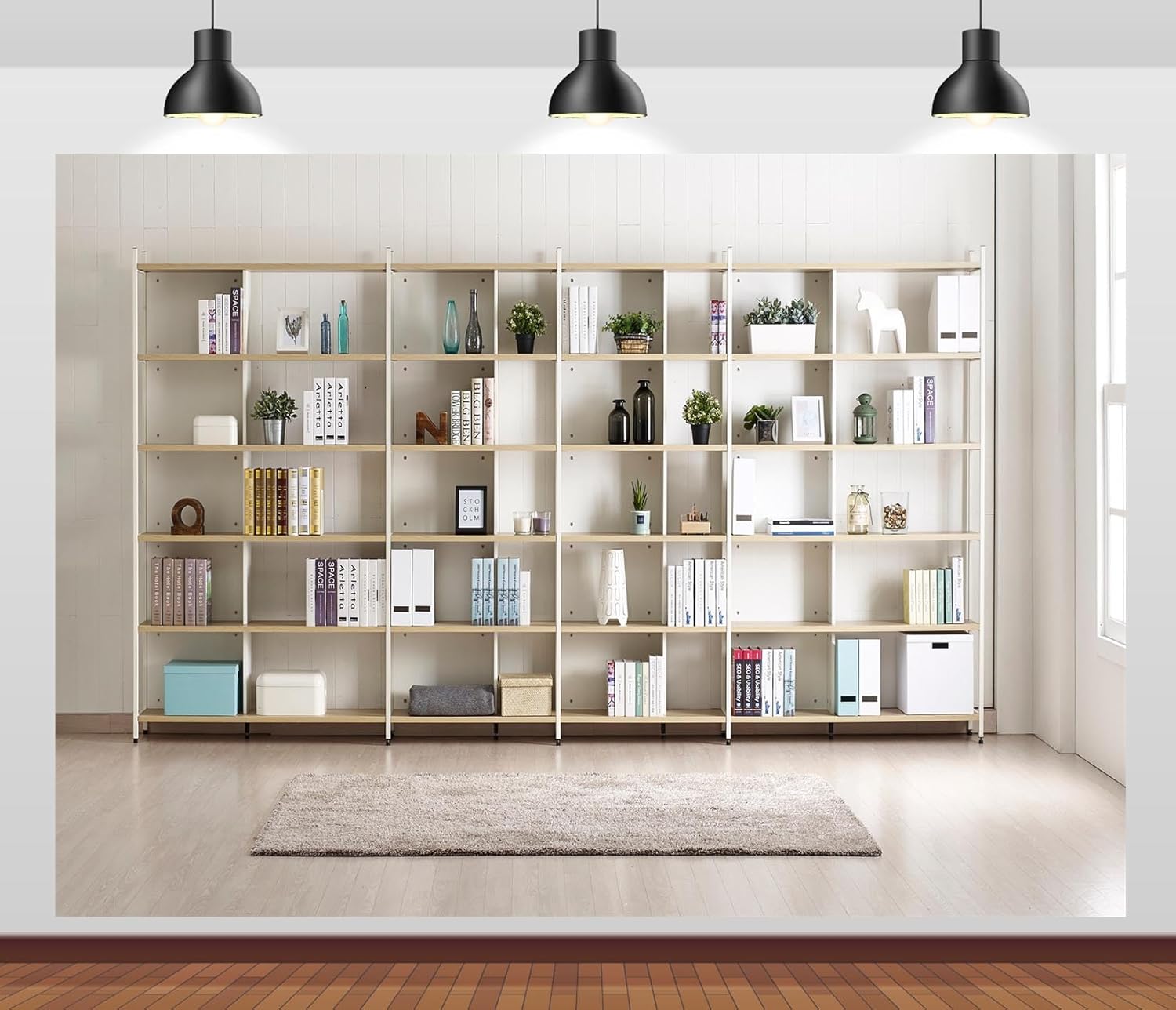 Home Office Zoom Background - ฉากหลังถ่ายภาพชั้นวางหนังสือ ห้องสมัยใหม่ ตกแต่งภายใน ชั้นวางหนังสือสีขาว พื้นหลังสำหรับการประชุมทางซูม ตกแต่งโฮมออฟฟิศ
