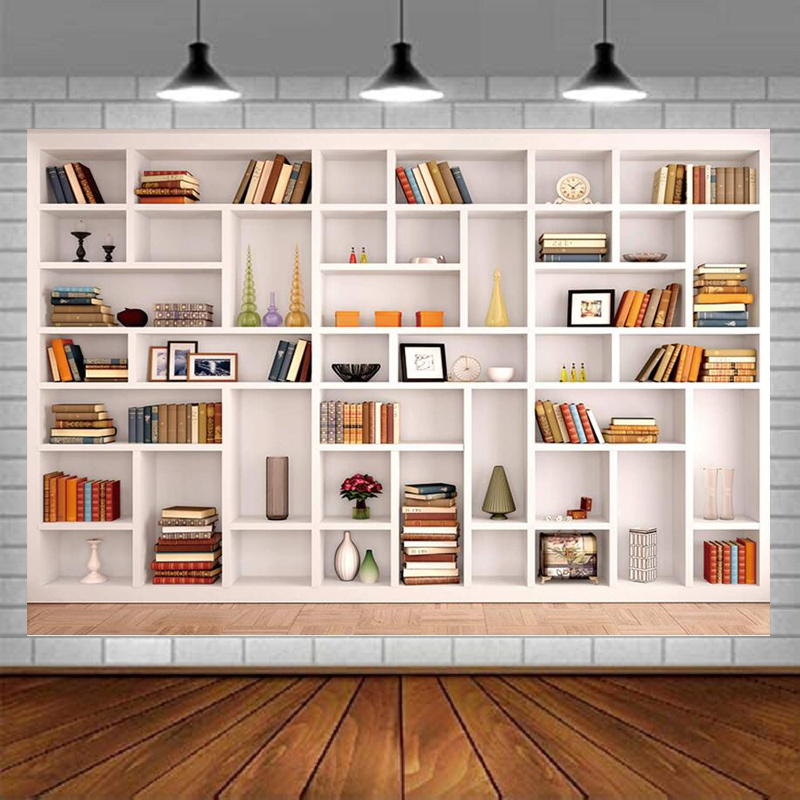 Home Office Zoom Background - ชั้นวางหนังสือสีขาว ฉากหลังถ่ายภาพ ตู้หนังสือ สำนักงาน การประชุมทางวิดีโอ ซูม