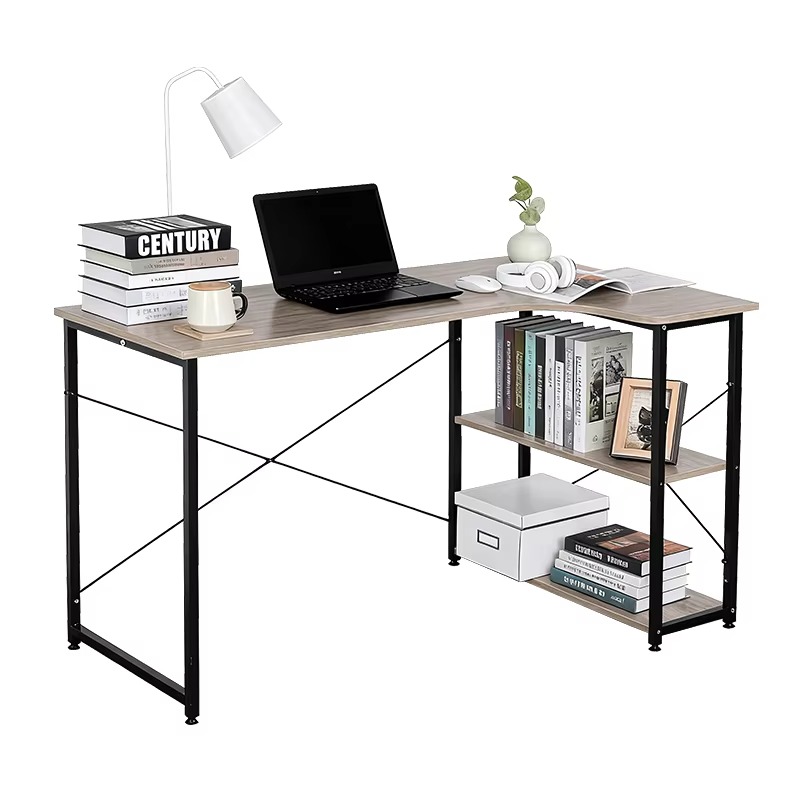 Home Office L Shaped Desk - โต๊ะทำงานรูปตัว L พร้อมชั้นวางหนังสือในตัว ตู้ติดผนัง ช่องเก็บสายไฟ ลิ้นชัก