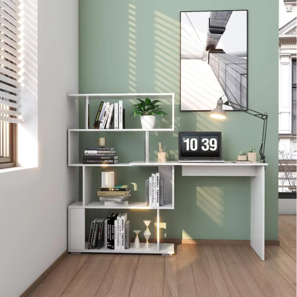 Home Office L Shaped Desk - โต๊ะคอมพิวเตอร์รูปตัว L พร้อมชั้นวางหนังสือ โต๊ะเข้ามุมสำหรับห้องอ่านหนังสือ ห้องนอน สำนักงาน