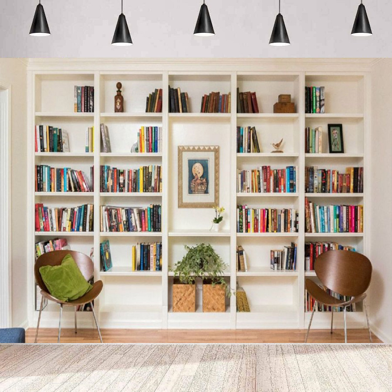 Home Office Zoom Background - ฉากหลังถ่ายภาพชั้นวางหนังสือสีขาว แบนเนอร์ชั้นหนังสือ สำหรับการประชุมวิดีโอทางออนไลน์ Zoom ตกแต่งผนังบ้าน