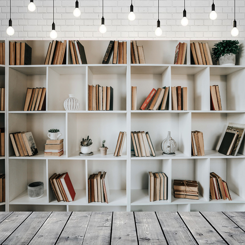 Home Office Zoom Background - ฉากหลังถ่ายภาพชั้นวางหนังสือสีขาว ห้องสมุด ตู้หนังสือสมัยใหม่ ฉากหลังการประชุมทางไกล ฉากหลังงานปาร์ตี้ที่บ้าน แบนเนอร์ติดผนัง