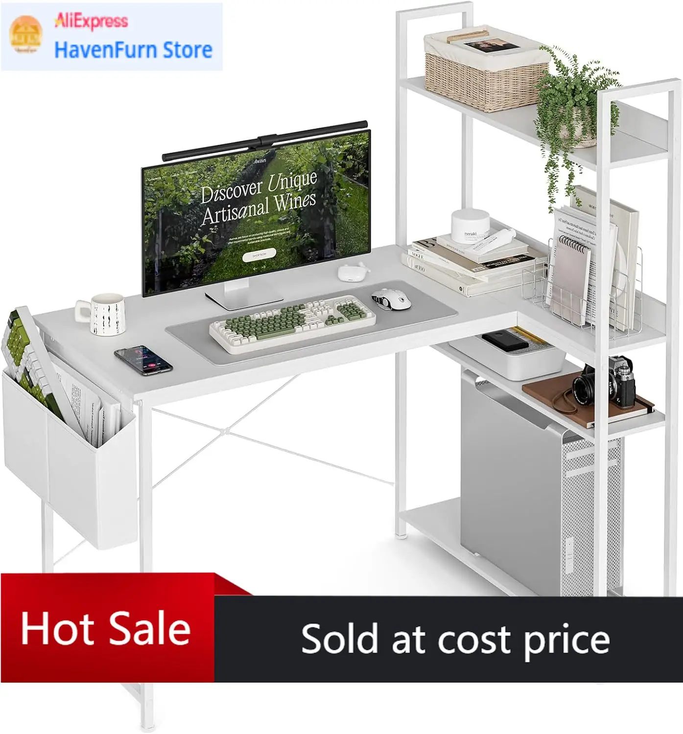 Home Office L Shaped Desk - โต๊ะคอมพิวเตอร์รูปตัว L ขนาด 47 นิ้ว พร้อมชั้นวางของแบบปรับเปลี่ยนได้