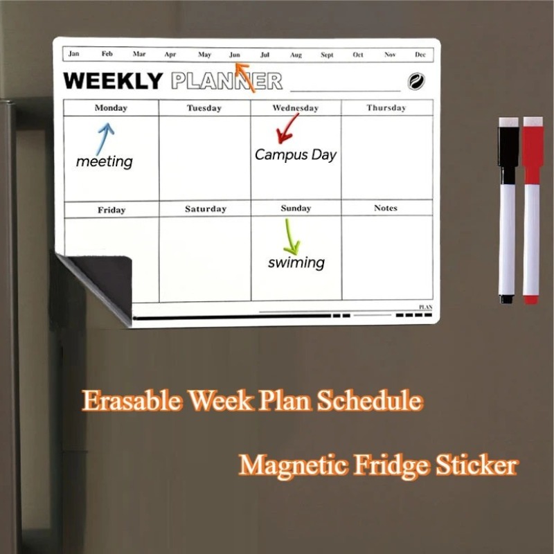 Magnetic Calendar Board - Erasable Week Plan ตารางปฏิทินแม่เหล็กตู้เย็นสติกเกอร์ไวท์บอร์ดข้อความ Memo ตู้เย็นแม่เหล็ก